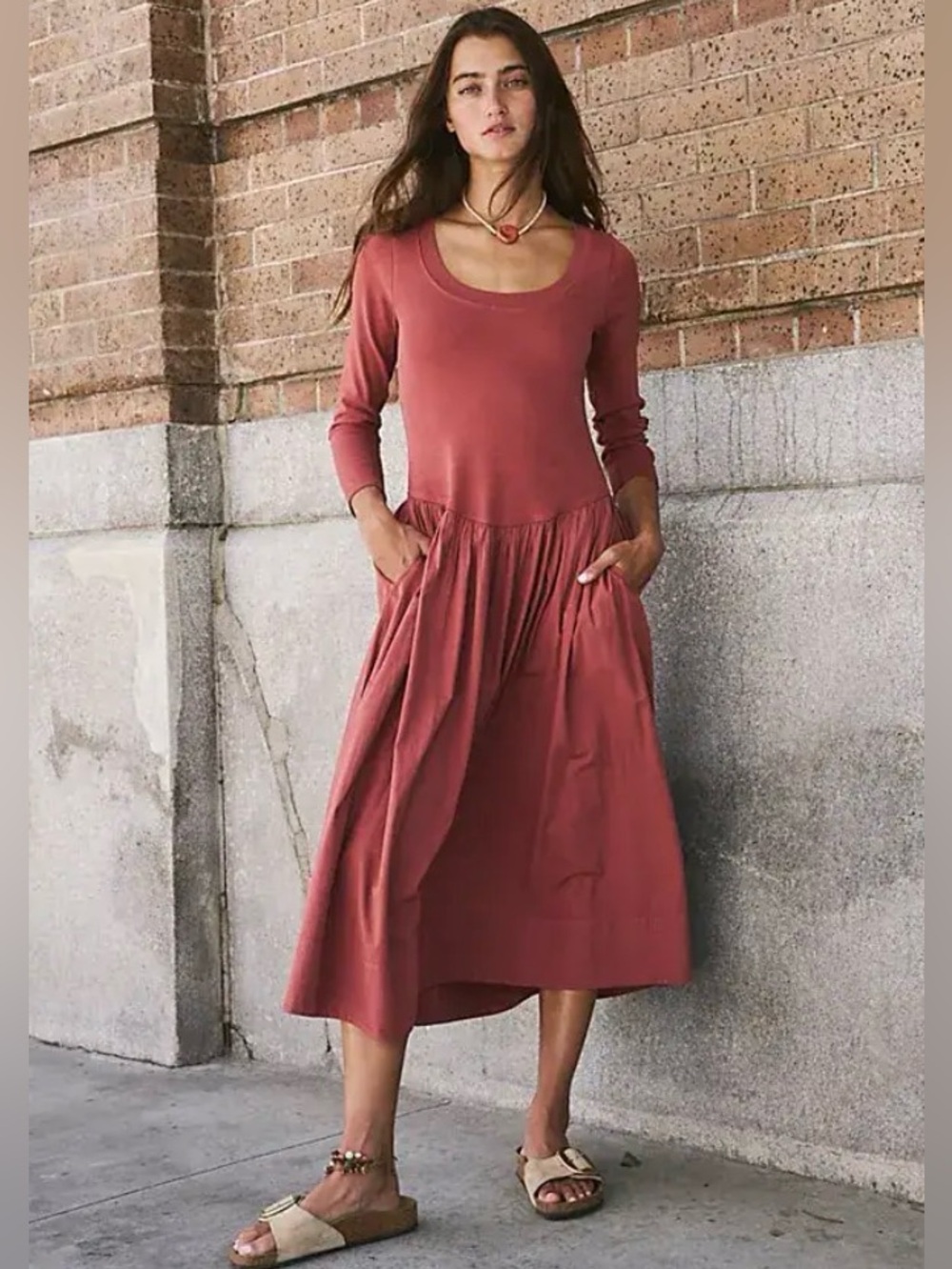 Free People Aelia Drop Waist Midi Dress in Mahogany Womens M